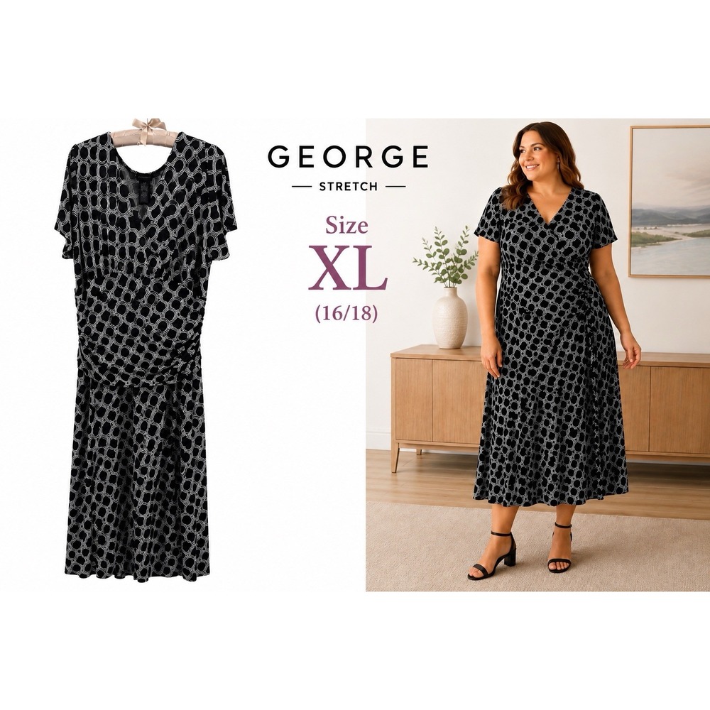 George Stretch Women's XL 16/18 Black White Circle Geometric Ruched Midi Dress